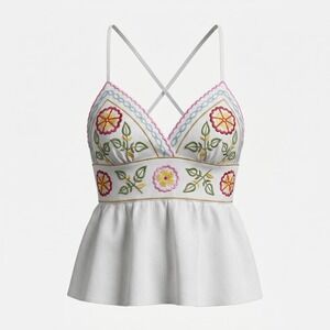 Tres Chic Embroidered Floral Peplum Cami S White Boho Cottagecore Summer Top